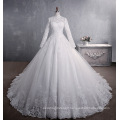 Lace stand collar long sleeve big tailed white wedding dress